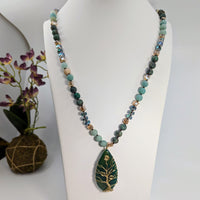 Thumbnail for Beaded Necklace with Tree of Life Pendant in Green, 38 Inches Long