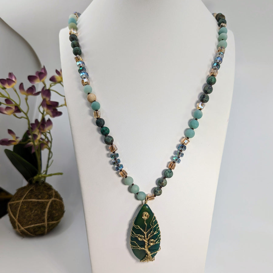 Beaded Necklace with Tree of Life Pendant in Green, 38 Inches Long