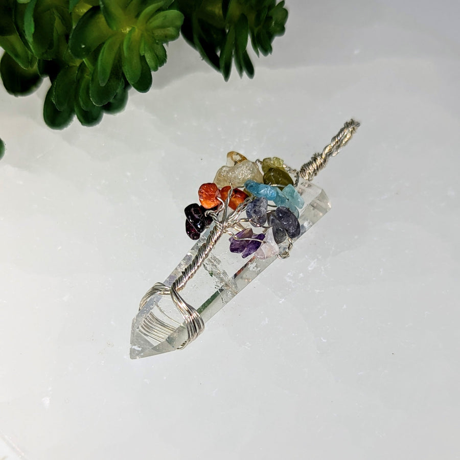 Tree of Life 2.6’’ quartz point pendant with gemstones #BC0292