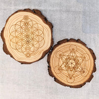 Thumbnail for Laser-etched wooden coaster with pen; Tree Trunk Wood Grid 6.5’ #K202 elegantly displayed