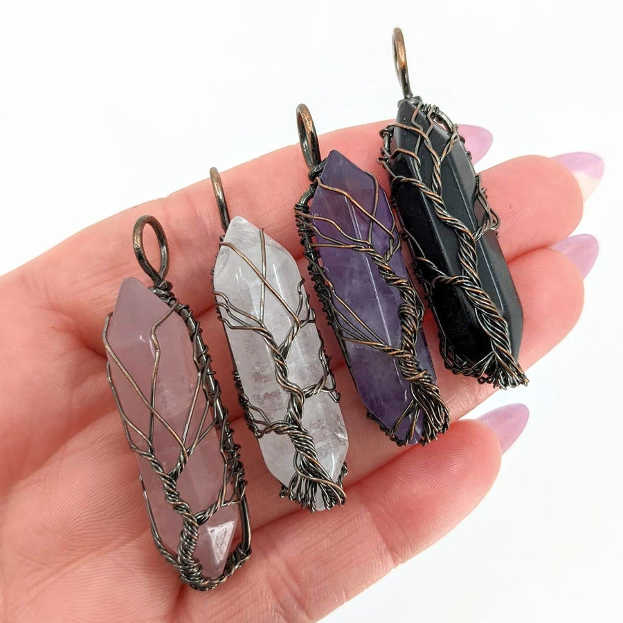 Crystal pendants wrapped in wire for Tree Wire Wrap Point Pendant SK7522 design