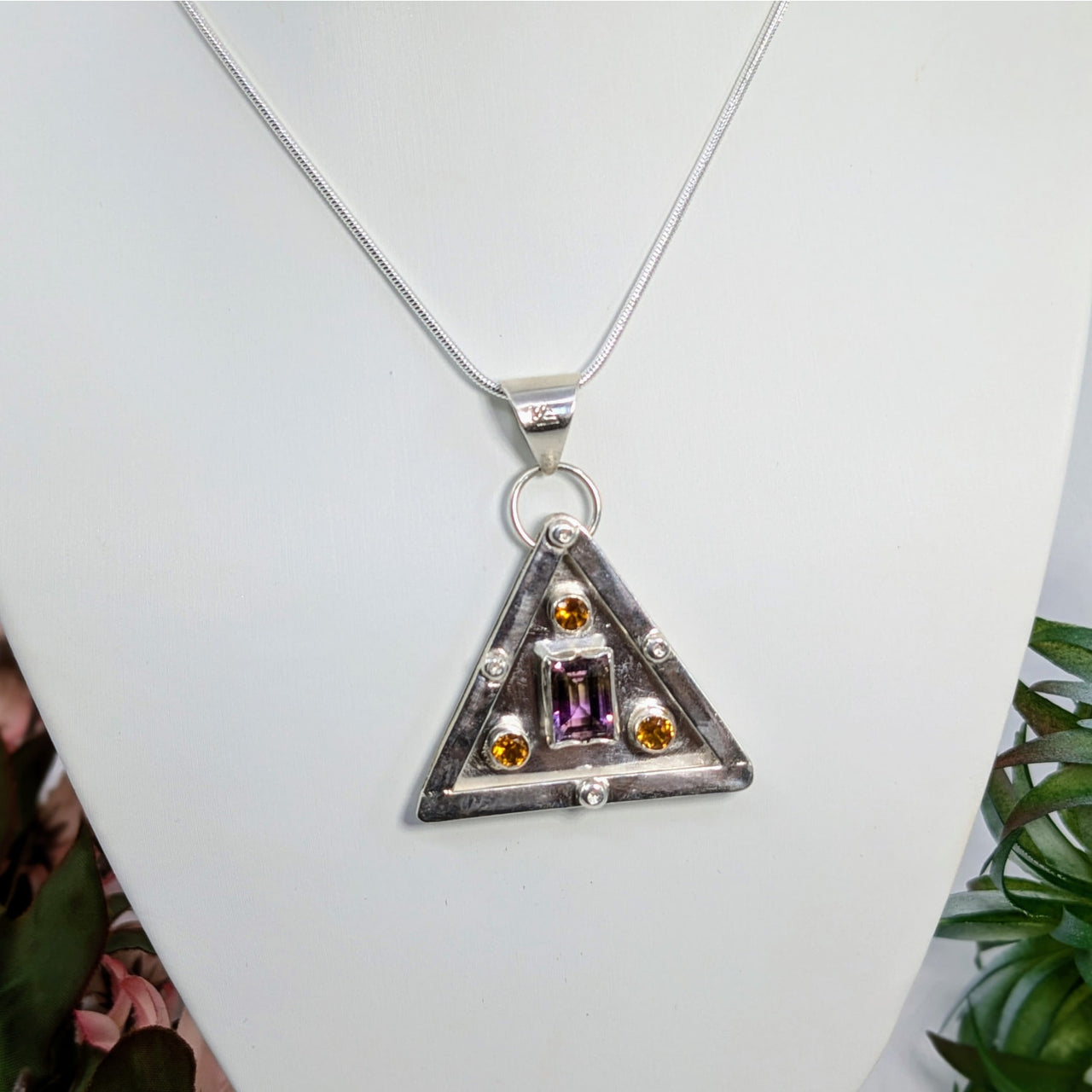 Triangle pendant 1.3’’ w Ametrine and Citrine in geometric pattern design