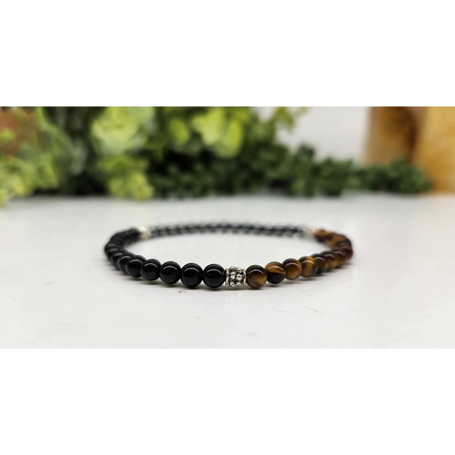 Triple Protection hematite tiger eye black obsidian beaded bracelet with silver accents LV9540