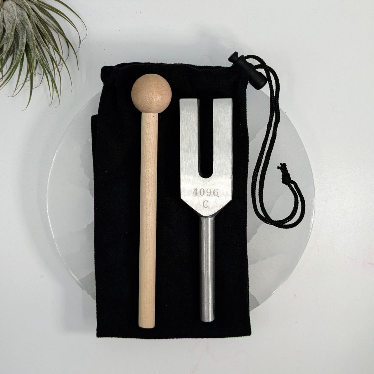 Small 4-inch metal tuning fork with mallet and pouch for tuning and testing musical instruments