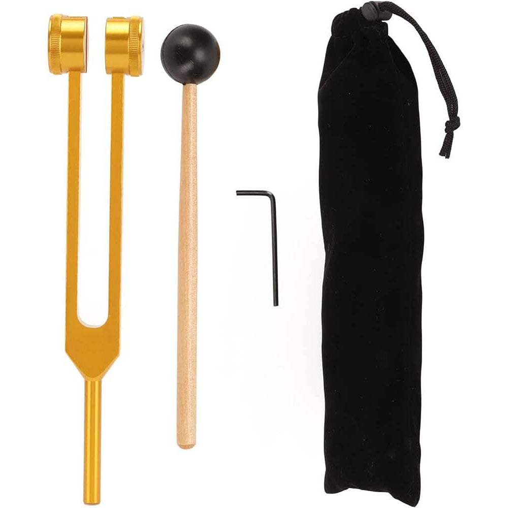 Gold C Note 128 Hz tuning fork with mallet and tool in pouch