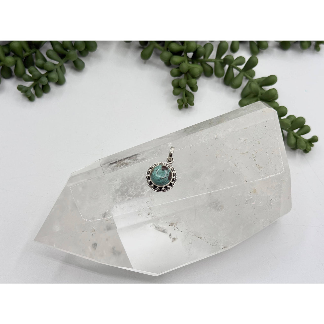 Turquoise gemstone pendant in sterling silver 925 with clear quartz and green stone accents LV9541