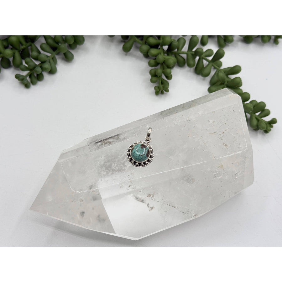 Turquoise gemstone pendant in sterling silver 925 with clear quartz and green stone accents LV9541