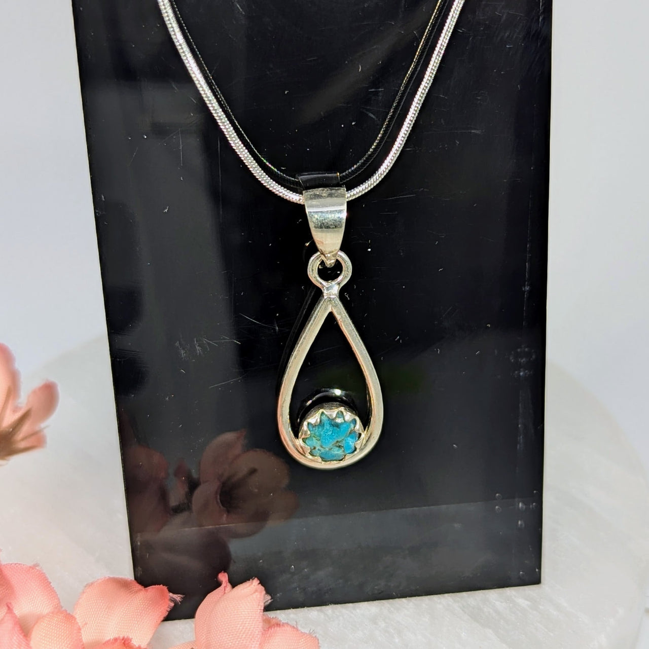 Silver teardrop turquoise pendant necklace with vibrant blue stone, #BC0174