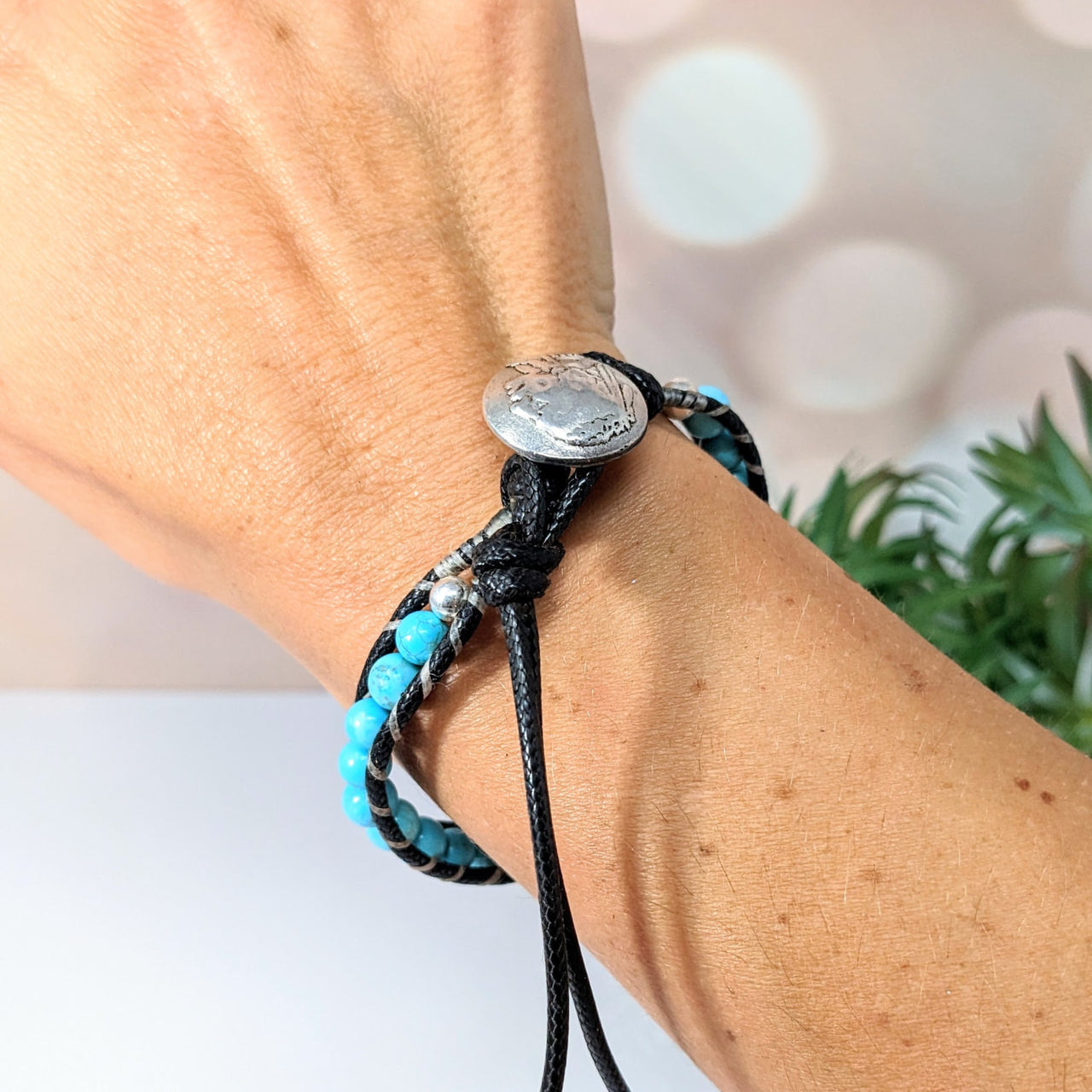 Turquoise Beaded 8’ Leather Bracelet, You Pick Style #LV2765 displayed with turquoise stones