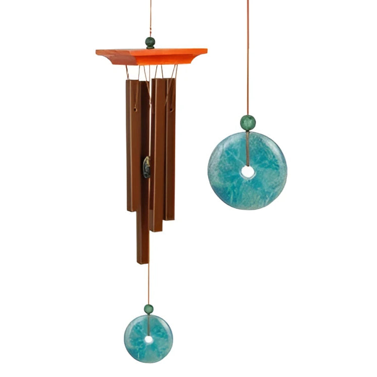 Teal glass and wood wind chime with circular ornaments, Woodstock Turquoise Chime Small