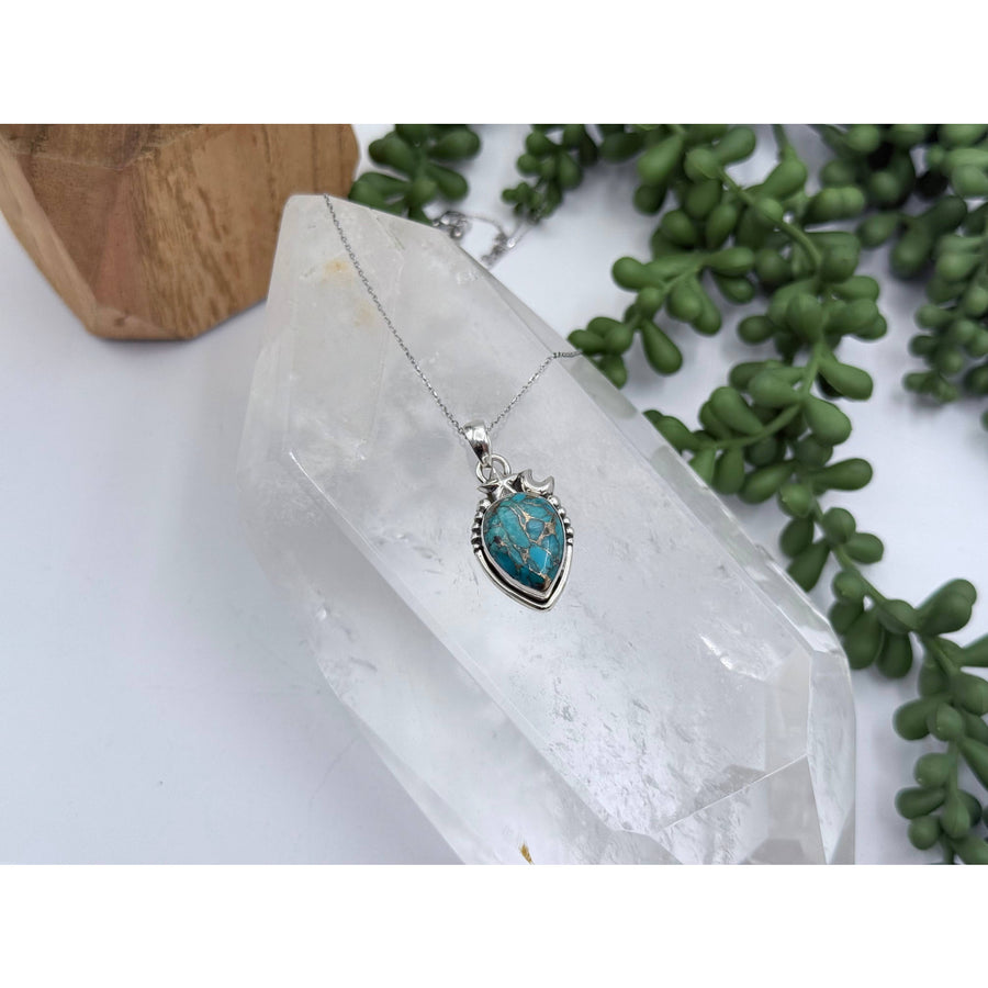 Silver chrysocolla teardrop cab pendant necklace in sterling silver 925
