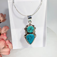 Turquoise Double 2’’ Stone Pendant #BC0669 with silver floral design
