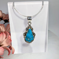 Vibrant turquoise organic 2-inch teardrop pendant in silver filigree, #BC0668
