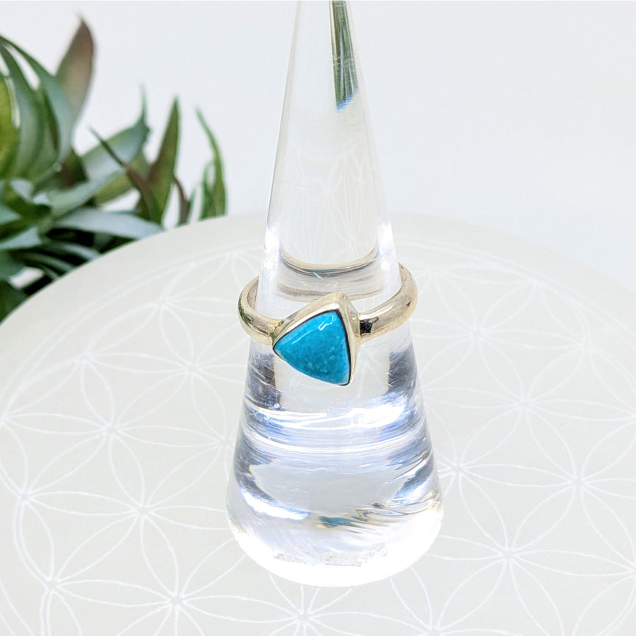 Silver ring with turquoise triangle design in the Turquoise Sz 6 Triangle S.S. Ring #LV7209