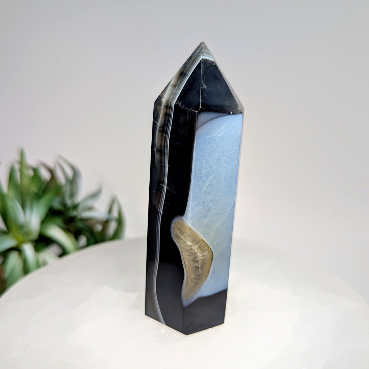 Black white and blue crystal tower Tuxedo Agate 3.4 inch Tower LV8668