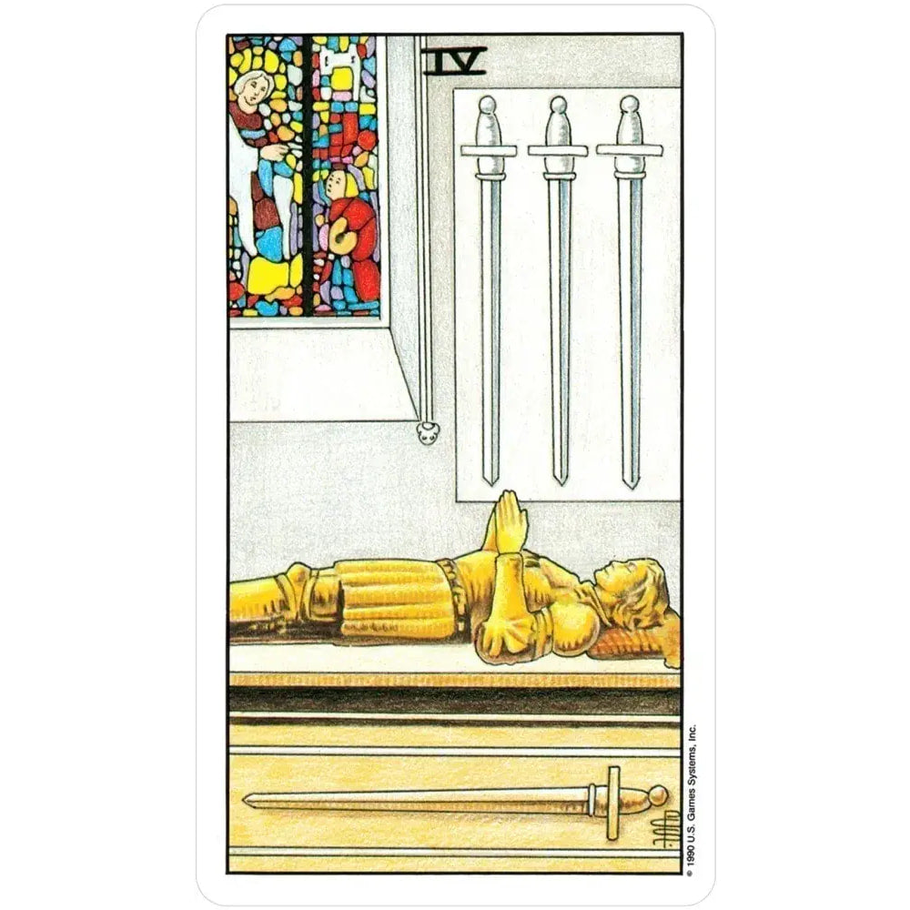 A person laying on a table from the Universal Waite Tarot Deck #Q372