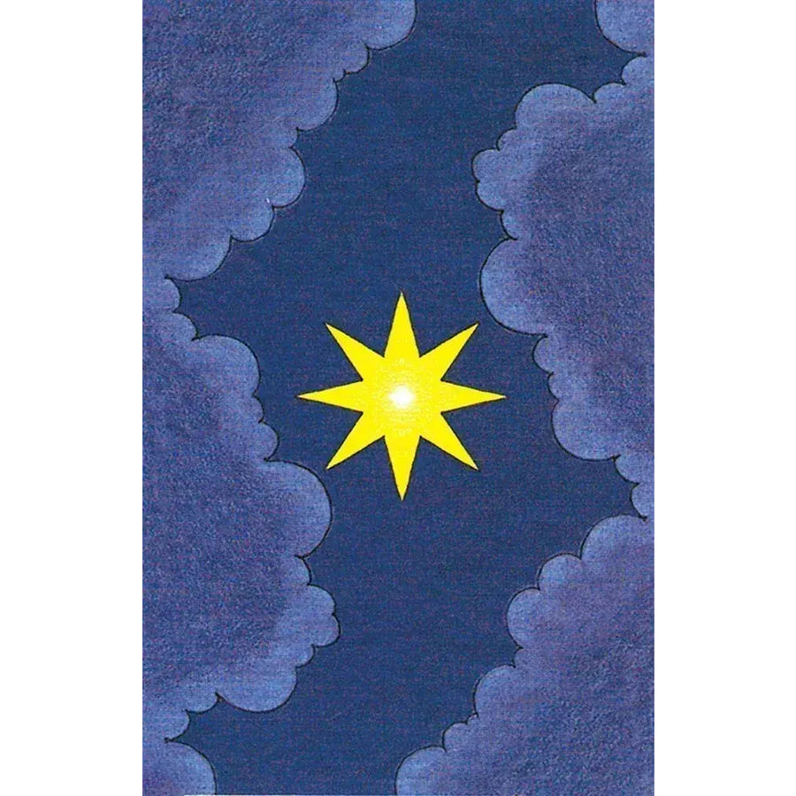 A painting of a yellow star in the sky from the Universal Waite Tarot Deck Tin #Q371