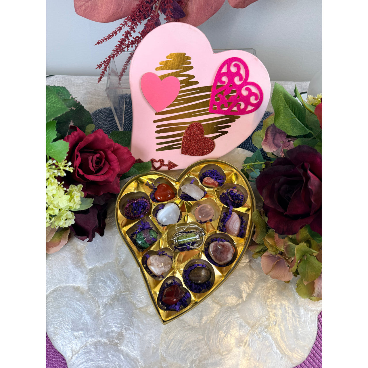 Gold heart box of colorful gemstone chocolates - Valentines Crystal Candy Box #BC0416