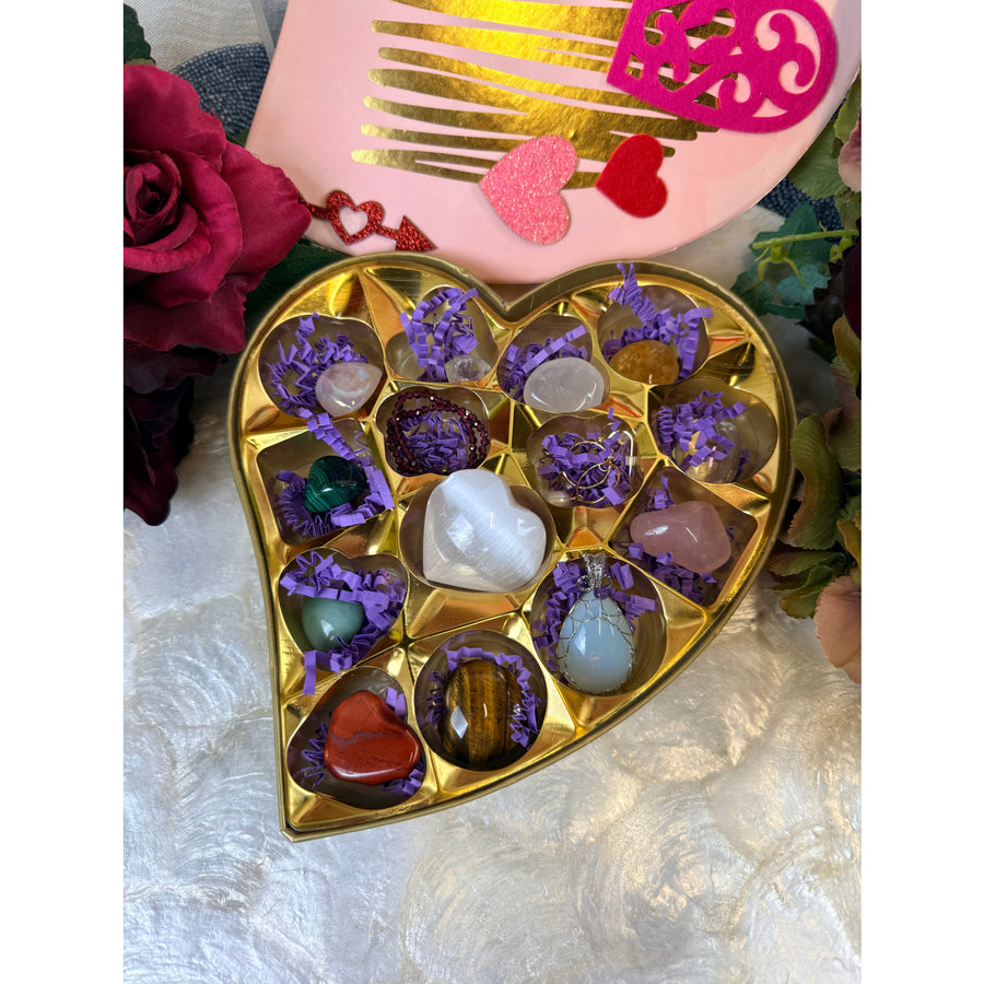 Valentines Crystal Candy Box with colorful gemstone pendants in golden heart box