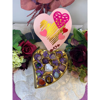 Valentines Crystal Candy Box with pink heart-shaped design and gemstone chocolates