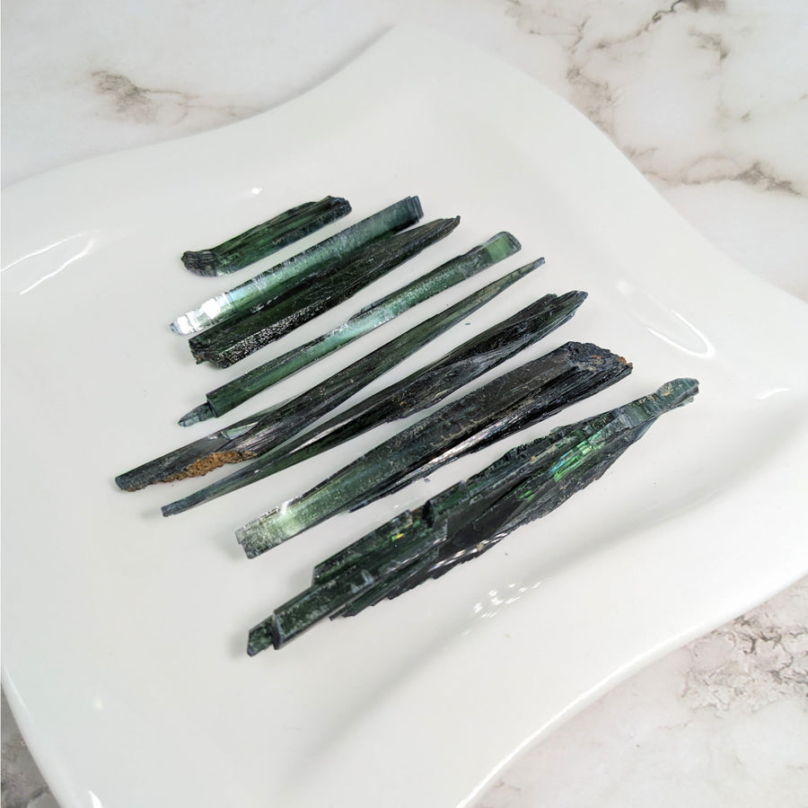 Vivianite 1-3’ Blade Specimen - Three Green Tourmalines on White Plate #LV4145