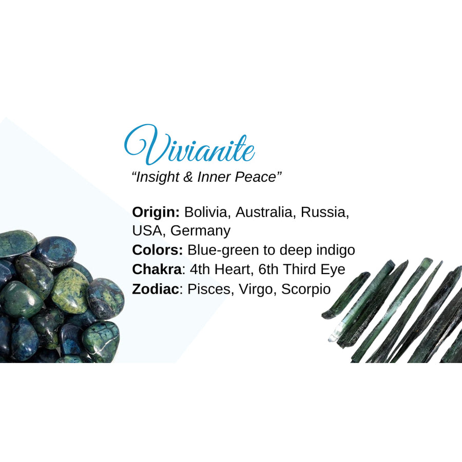 Vivianite crystal information card displaying properties and origins of vivianite crystal