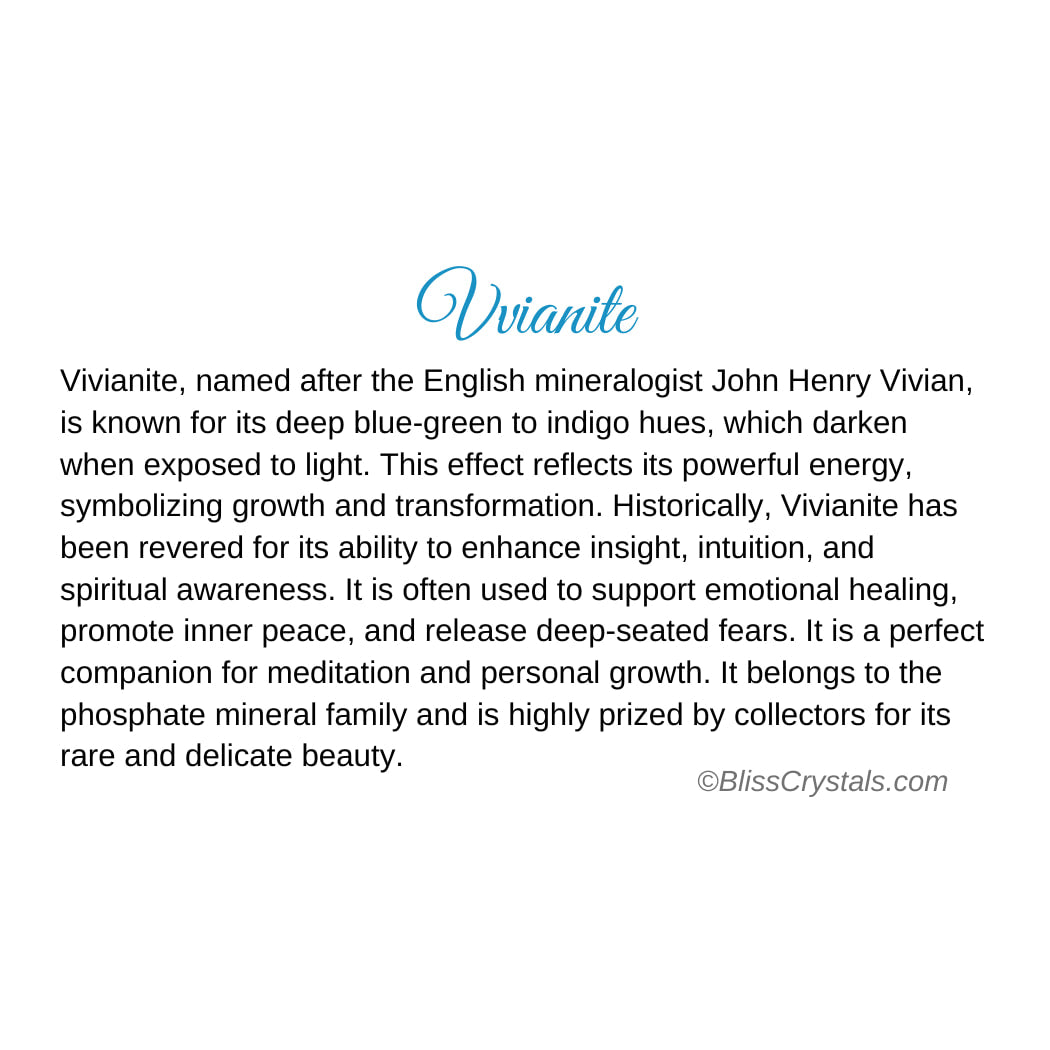 Vivianite crystal information card showcasing properties of Vivianite crystal for bliss crystals