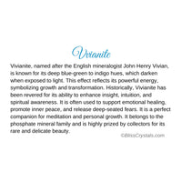 Vivianite crystal information card showcasing properties of Vivianite crystal for bliss crystals