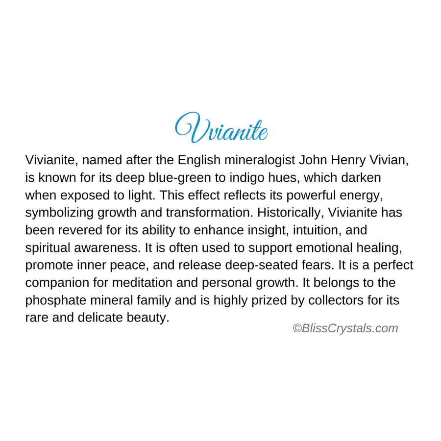 Vivianite crystal information card showcasing properties of Vivianite crystal for bliss crystals