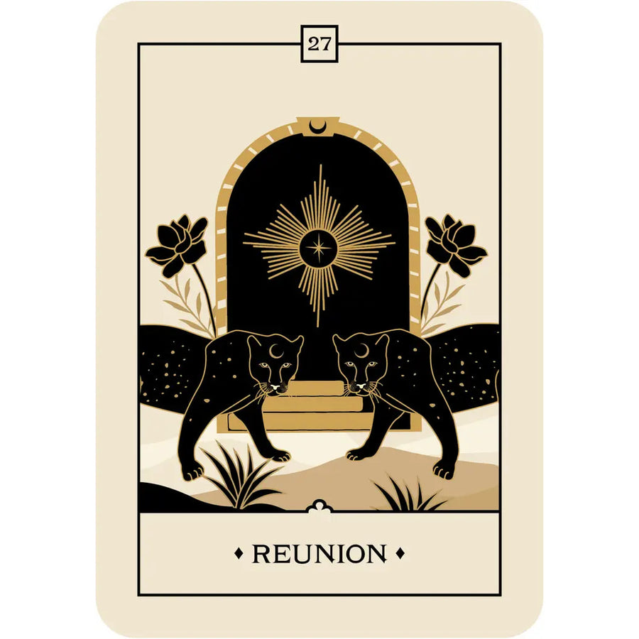 Black and white image of two cats in front of a door, depicted in Voice of the Souls Oracle Deck
