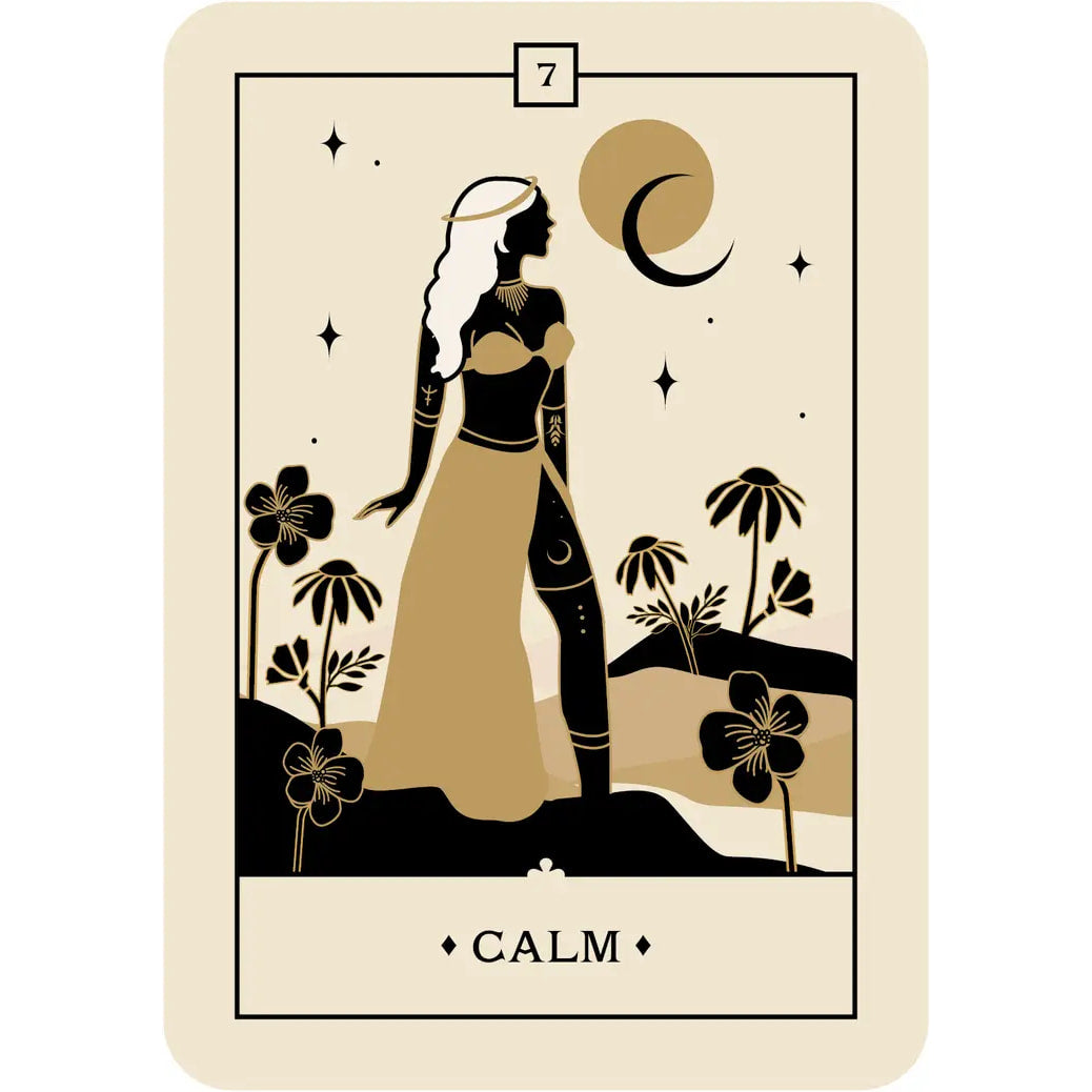 A woman in a long dress before a moon and palm tree from Voice of the Souls Oracle Deck