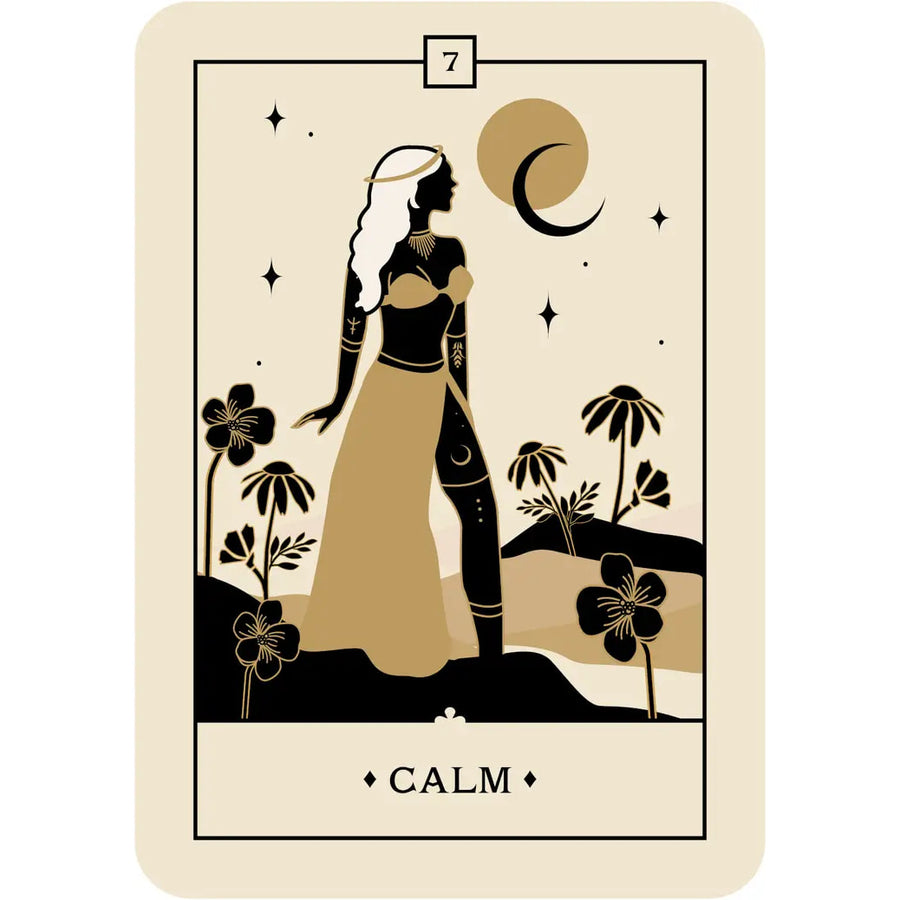 A woman in a long dress before a moon and palm tree from Voice of the Souls Oracle Deck
