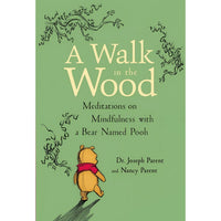 A soft green book cover titled a walk in the wood featuring winnie the pooh in yellow with a red scarf by joseph and nancy parent related to jewelry gemstones crystals