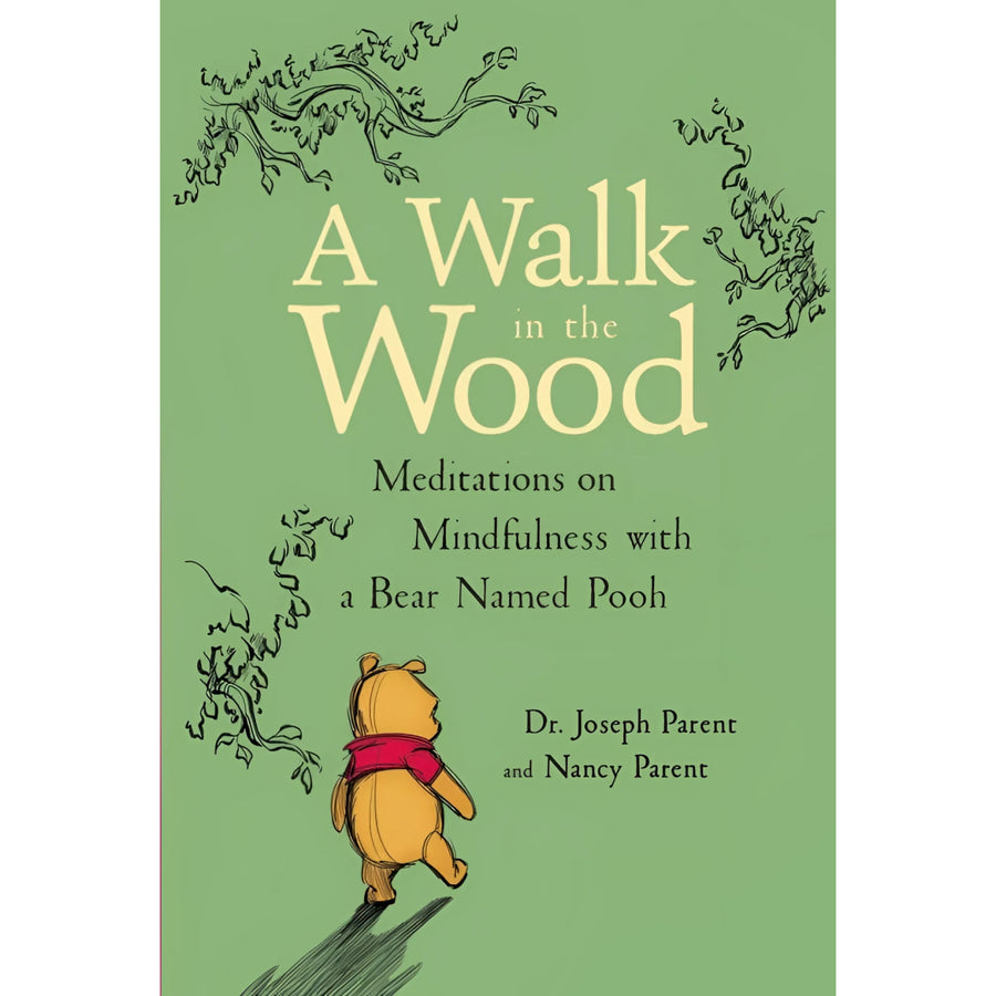 A soft green book cover titled a walk in the wood featuring winnie the pooh in yellow with a red scarf by joseph and nancy parent related to jewelry gemstones crystals