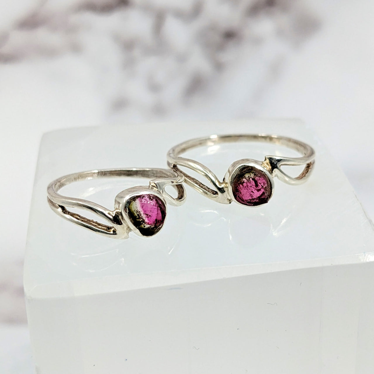 Watermelon Tourmaline Sz 6.25-10.25 Ring #LV3028 with pink tourmaline gems on marble block