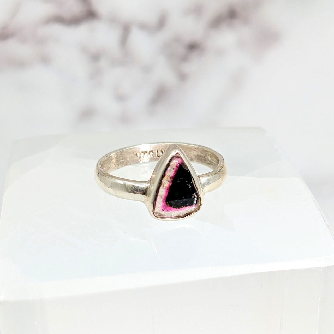 Pink tourmaline stone ring on a white box from the Watermelon Tourmaline collection