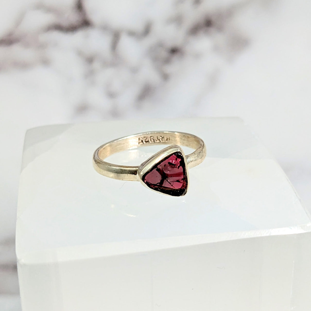 Heart-shaped Watermelon Tourmaline ring with a red stone, Sz 7.75, S.S., #LV3026