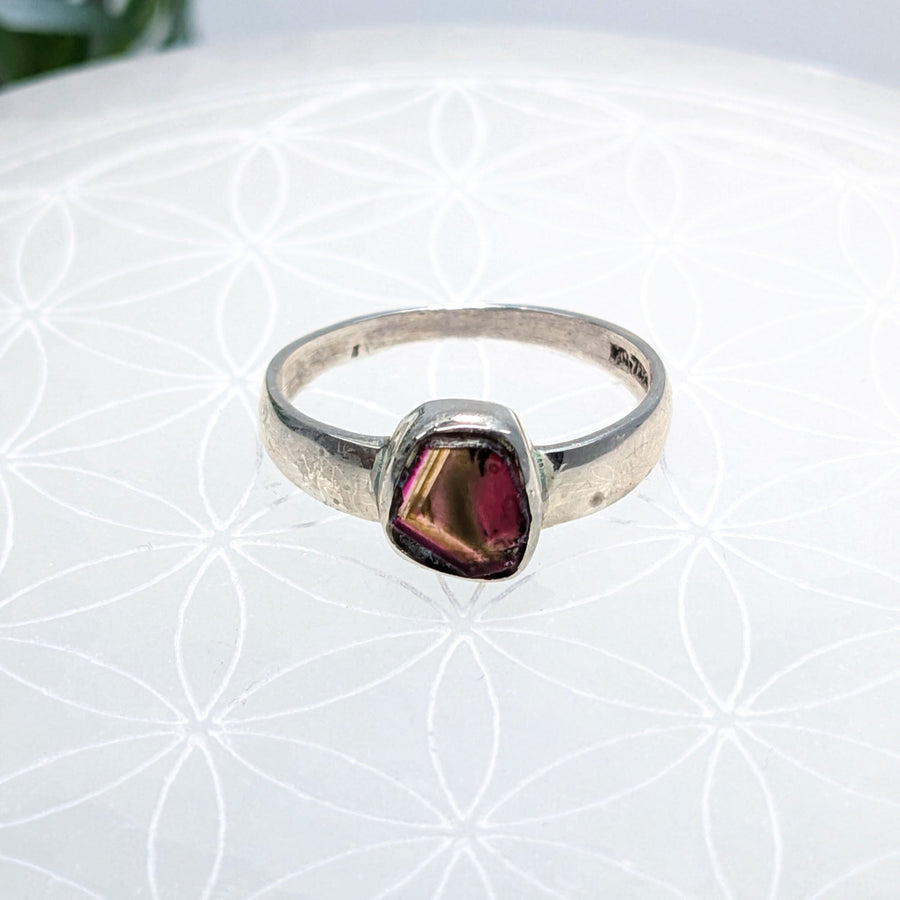 Silver ring with a faceted Watermelon Tourmaline gemstone for handcrafted crystal healing