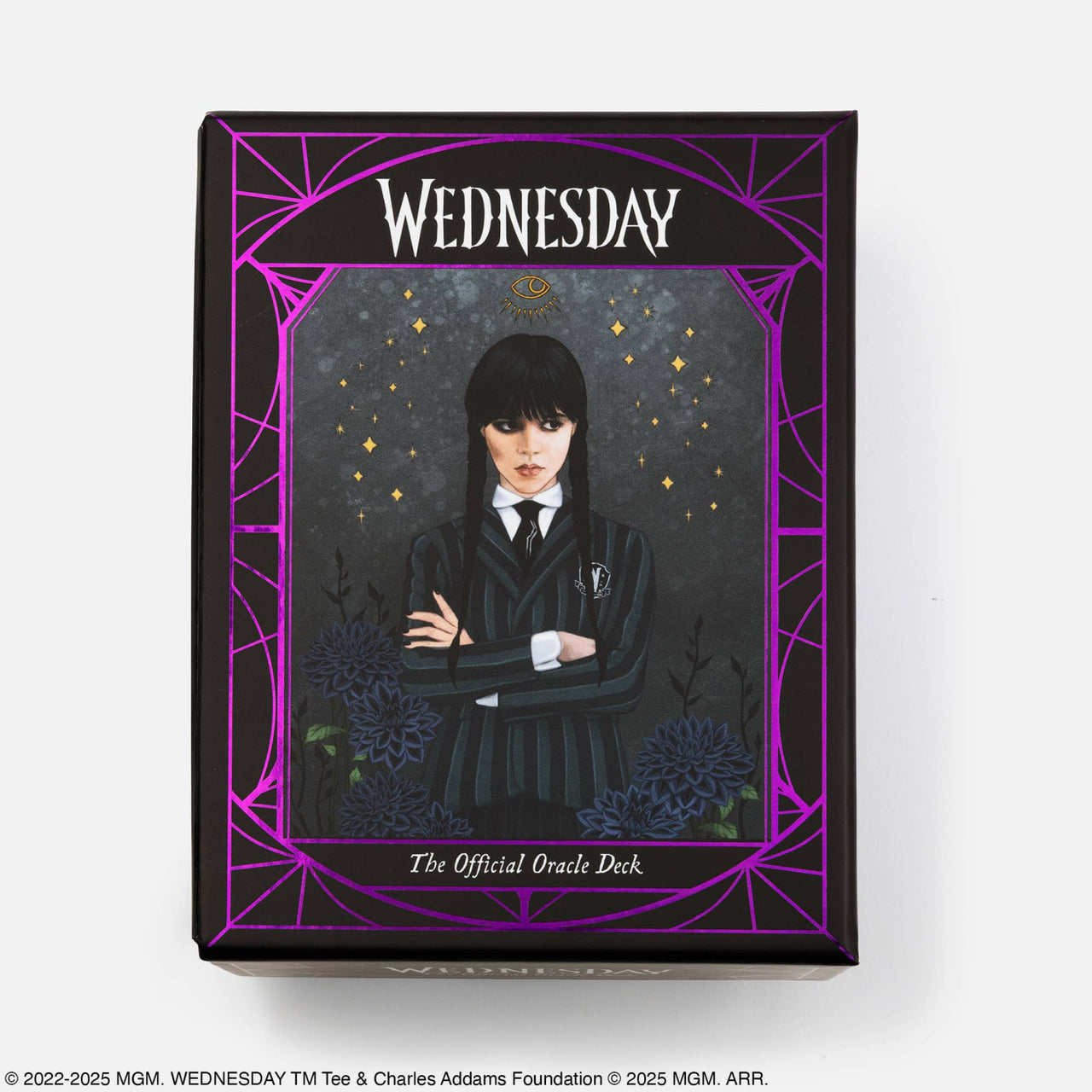 Black rectangular wednesday official oracle deck box with purple spiderweb border featuring wednesday addams and gemstones design