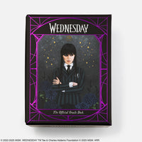 Black rectangular wednesday official oracle deck box with purple spiderweb border featuring wednesday addams and gemstones design