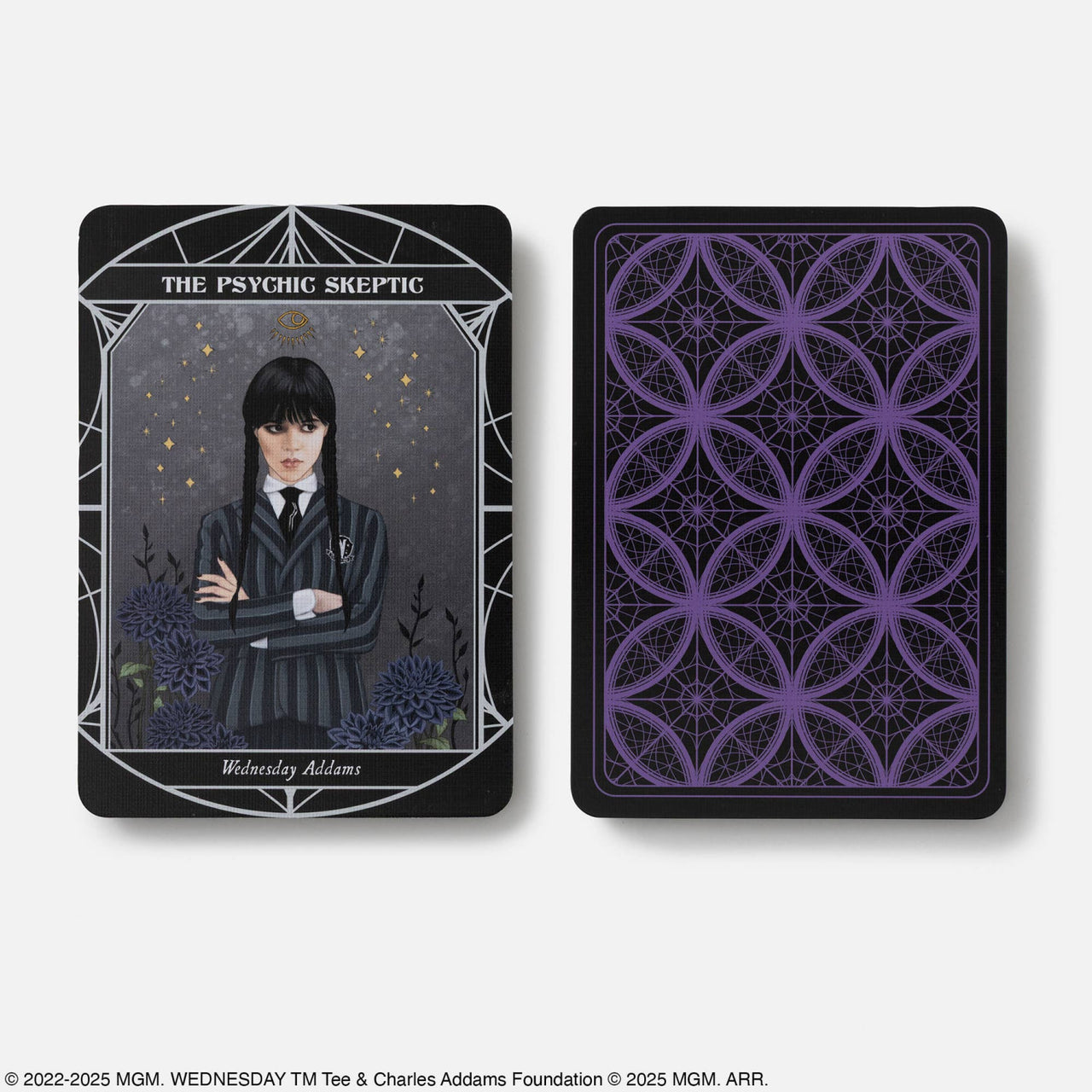 Black Wednesday official oracle deck card featuring the psychic skeptic in dark uniform with silver border and purple crystals pattern back