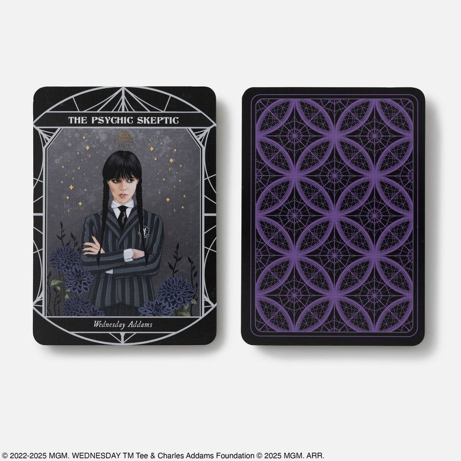 Black Wednesday official oracle deck card featuring the psychic skeptic in dark uniform with silver border and purple crystals pattern back