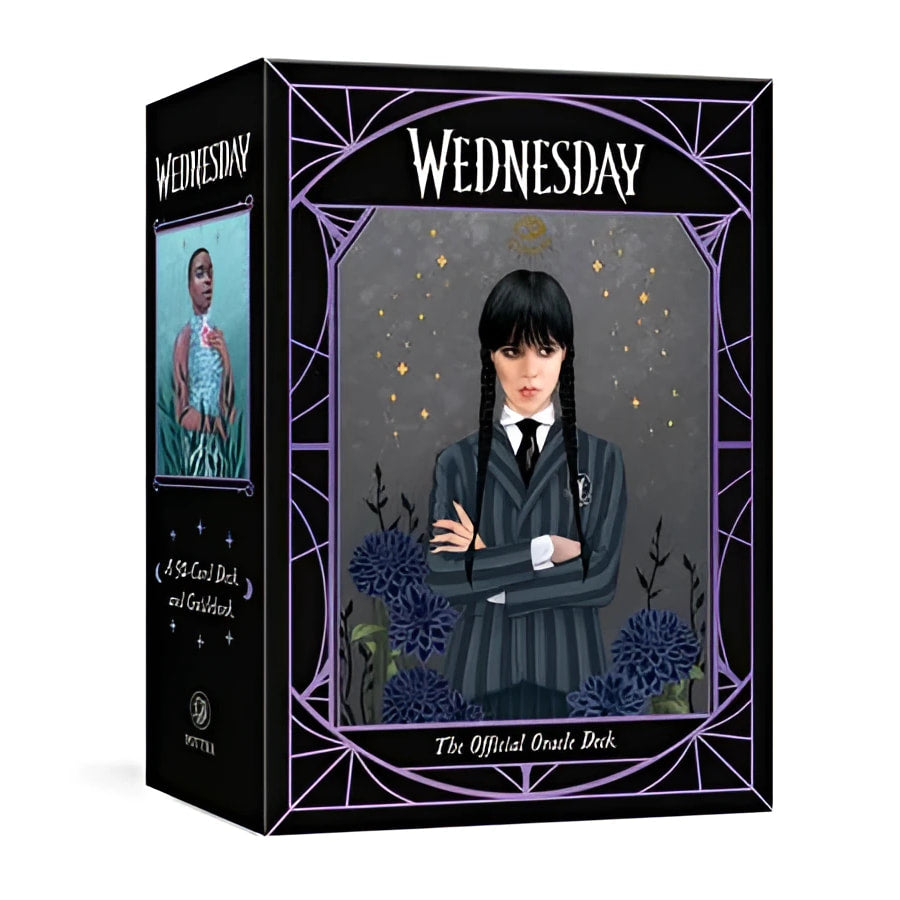 Black and purple Wednesday official oracle deck box with illustrated portrait in striped blazer featuring crystals design