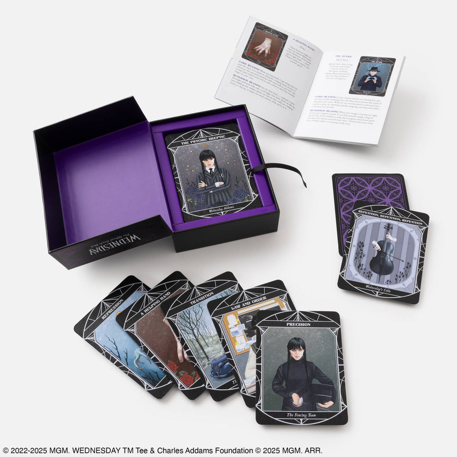 Black and purple wednesday addams themed tarot card set with gothic portraits geometric designs crystals and gemstones details
