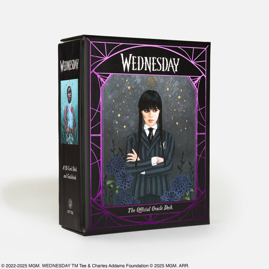 Black rectangular Wednesday official oracle deck box with purple border and Wednesday Addams in black uniform for crystals use