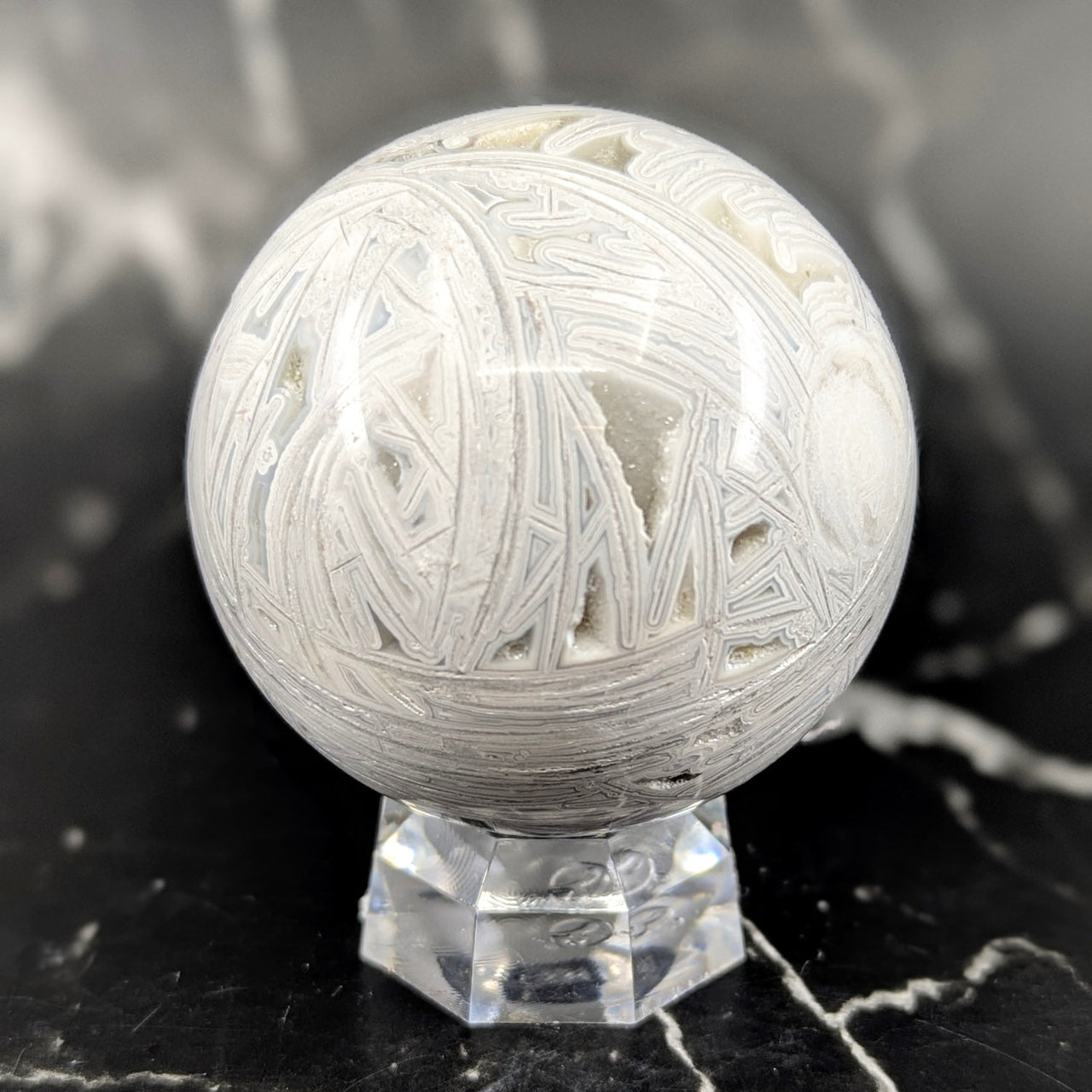White Agate 2.4’’ Sphere #BC0642 on crystal pedestal