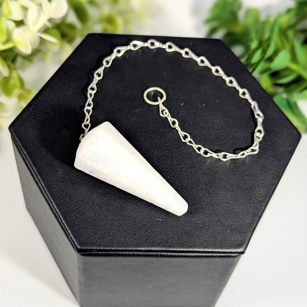 White amblygonite pendulum gemstone 1.2-1.7 inches smooth conical stone on silver chain for jewelry and crystals