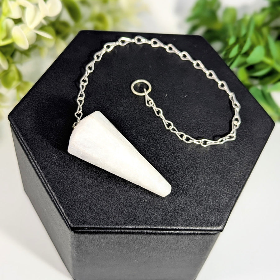 White amblygonite pendulum gemstone 1.2-1.7 inches smooth conical stone on silver chain for jewelry and crystals
