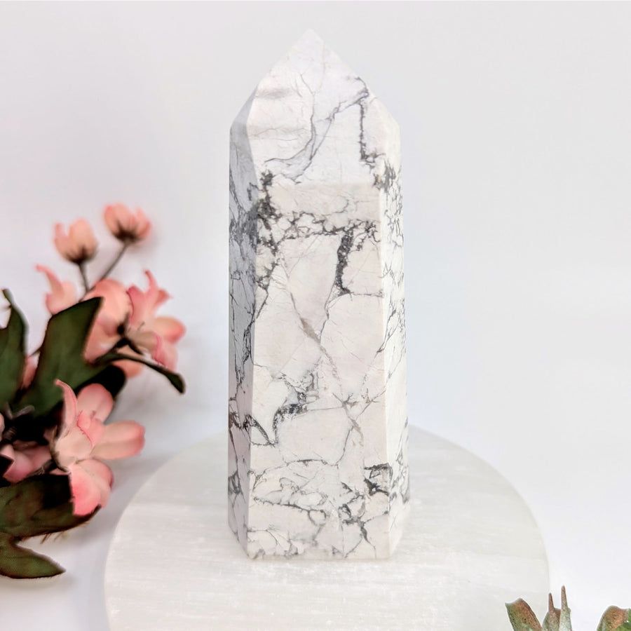White Howlite Crystal Tower displayed in White Howlite 5 Generator #LV7845
