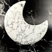 White Howlite 5-inch moon carving with marbled gray veins and cracks #BC0600